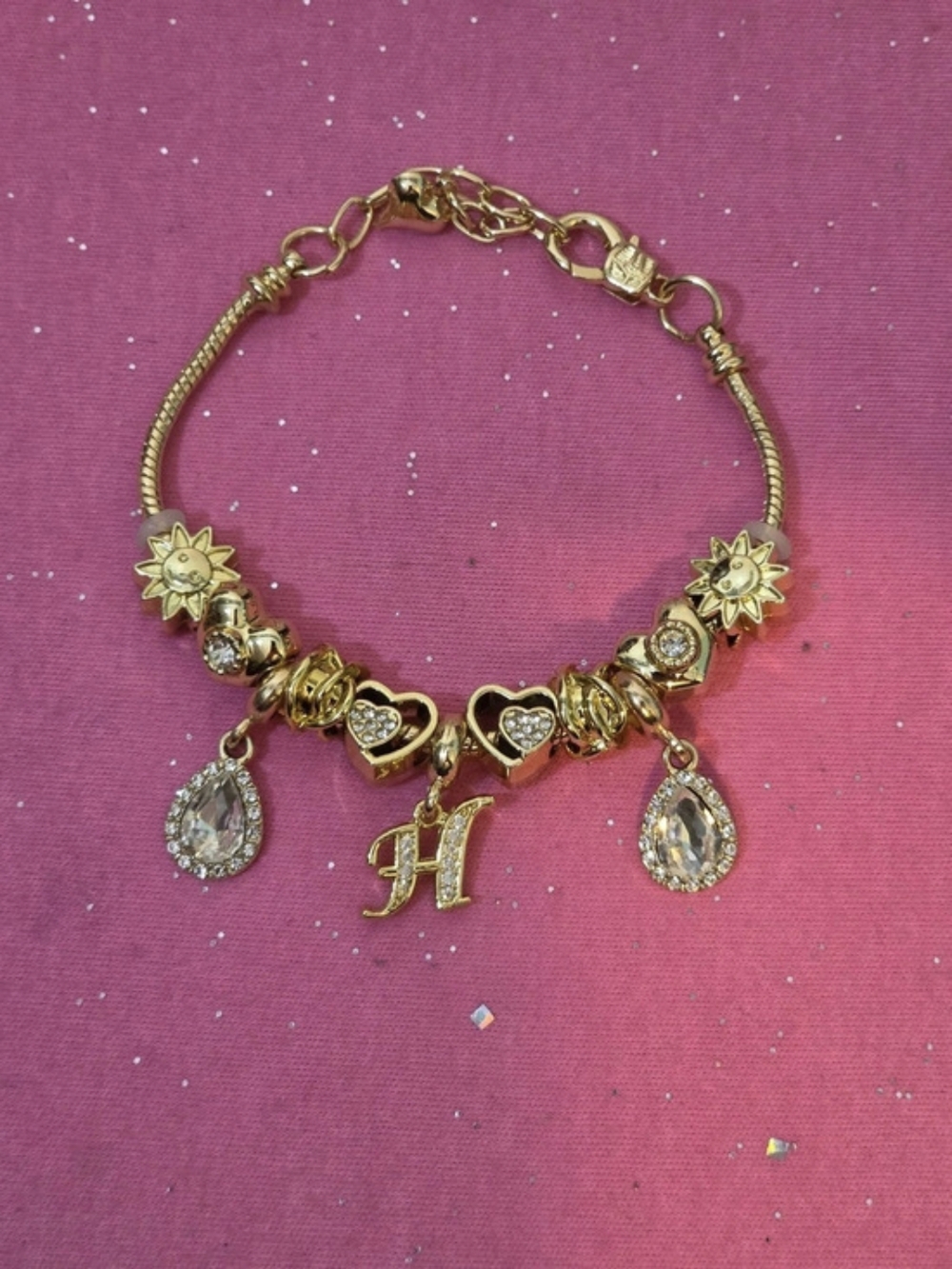 Gold Tone Cable Chain Charm Bracelet w/ the Letter "H" & Crystal Dangle Charms